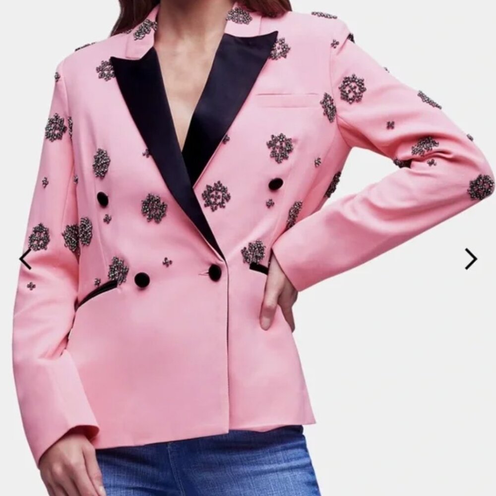 NWT! L'AGENCE Embellished Crystal Double Breasted Pink Tuxedo Blazer Size 2